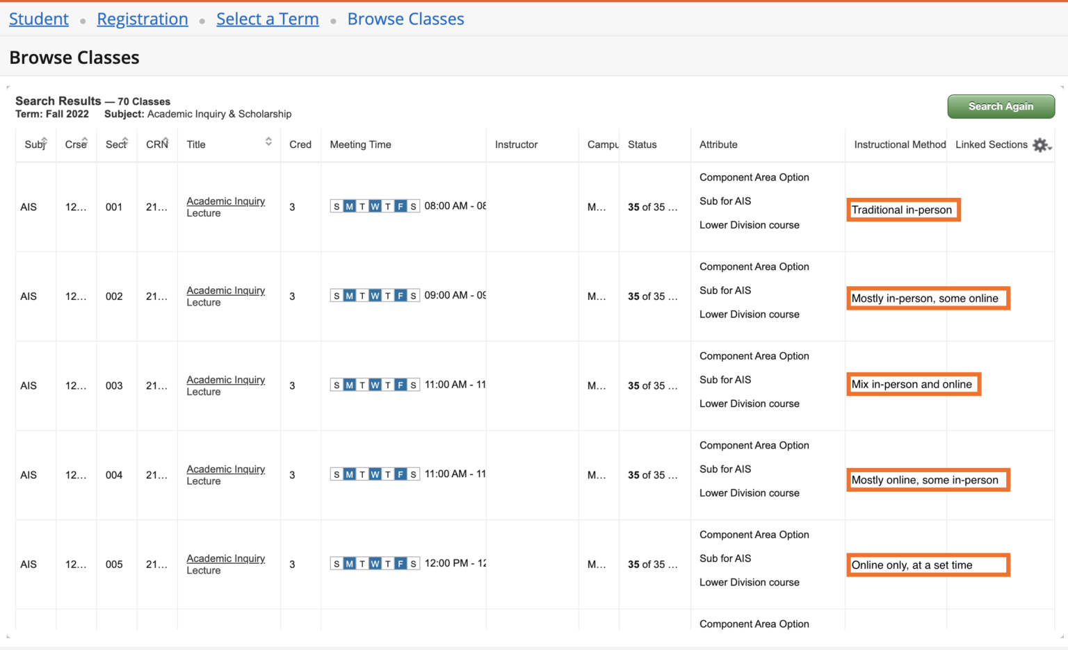 Class Modality UTSA One Stop