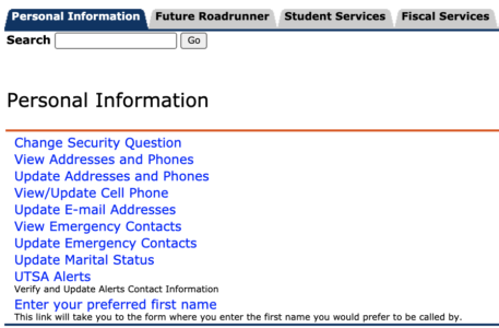 Personal Information Tab on myUTSA Account