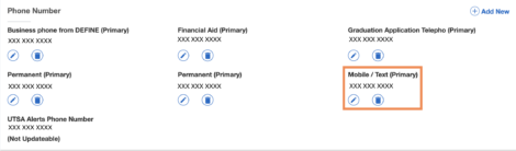 Where to find the mobile number on myUTSA Account.