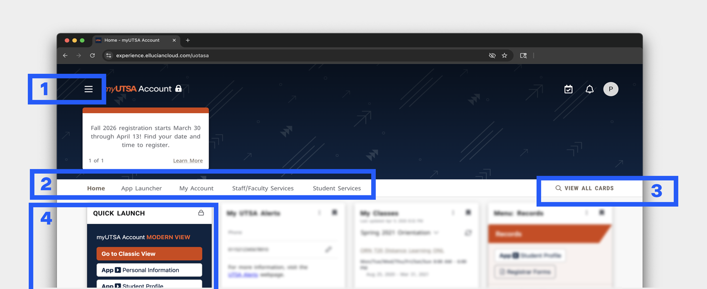 Image highlighting navigational points in myUTSA account