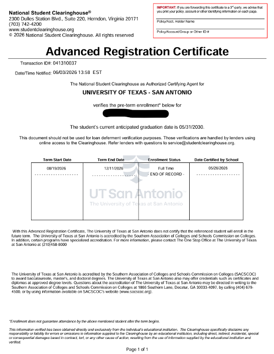 Verification Advanced Registration Certificate example